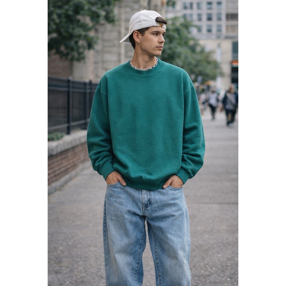 Vintage 90s‎ Jerzees Blank Crewneck Sweatshirt Mens L USA Made Boxy Teal Y2K